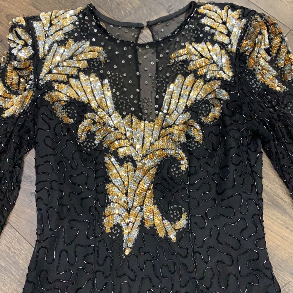 VINTAGE Laurence Kazar Pure Silk Beaded Dress Size Small, Black Gold & Sequin - Picture 2 of 15
